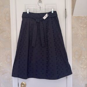Ann Taylor Navy Eyelet Cotton Midi  Skirt with Tie Front / Back Zip Closure. NWT